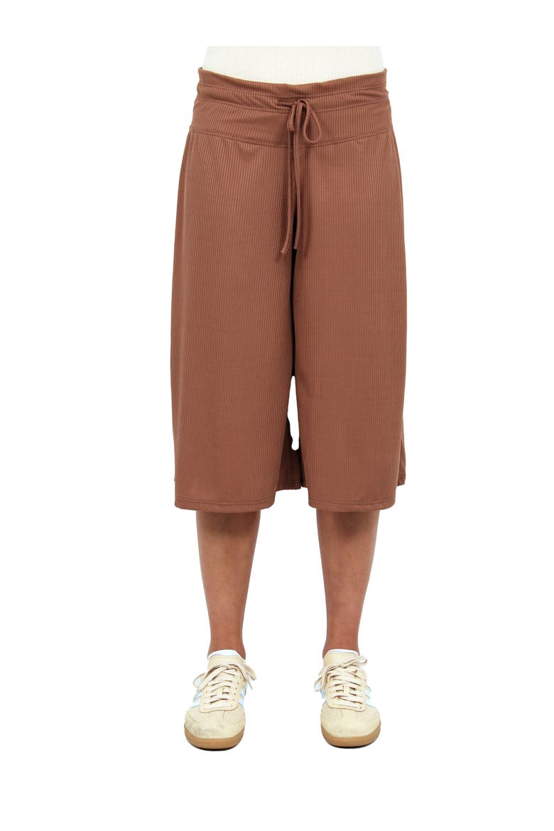 Womens Basic Ribbed Knit Drawstring Flared Capri Pants, Main, color, Mocha