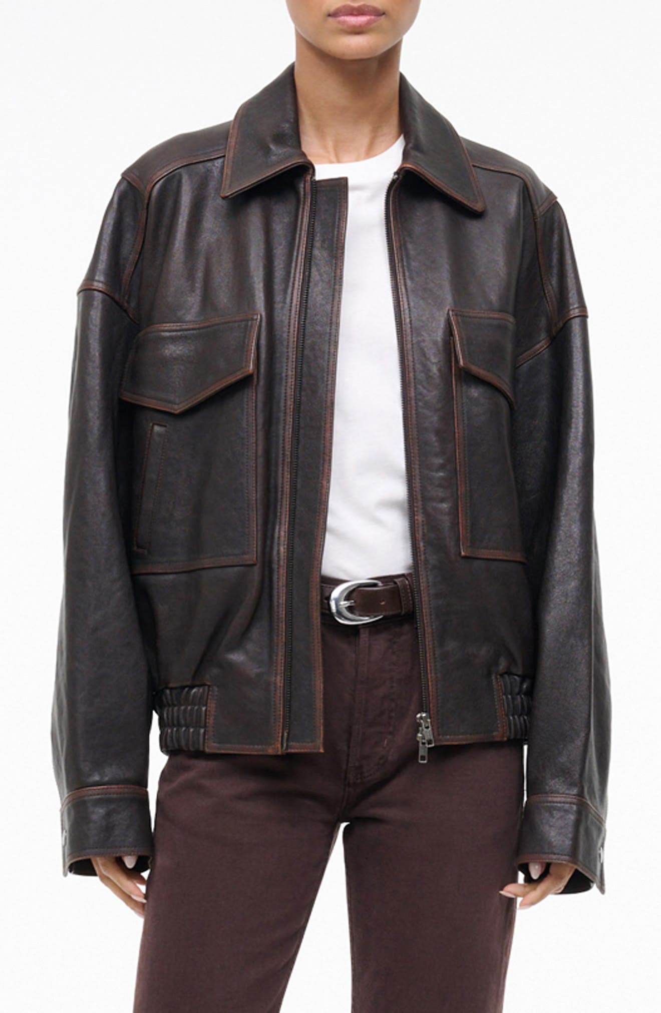 Staud Eugene Distressed Leather Jacket In Brown