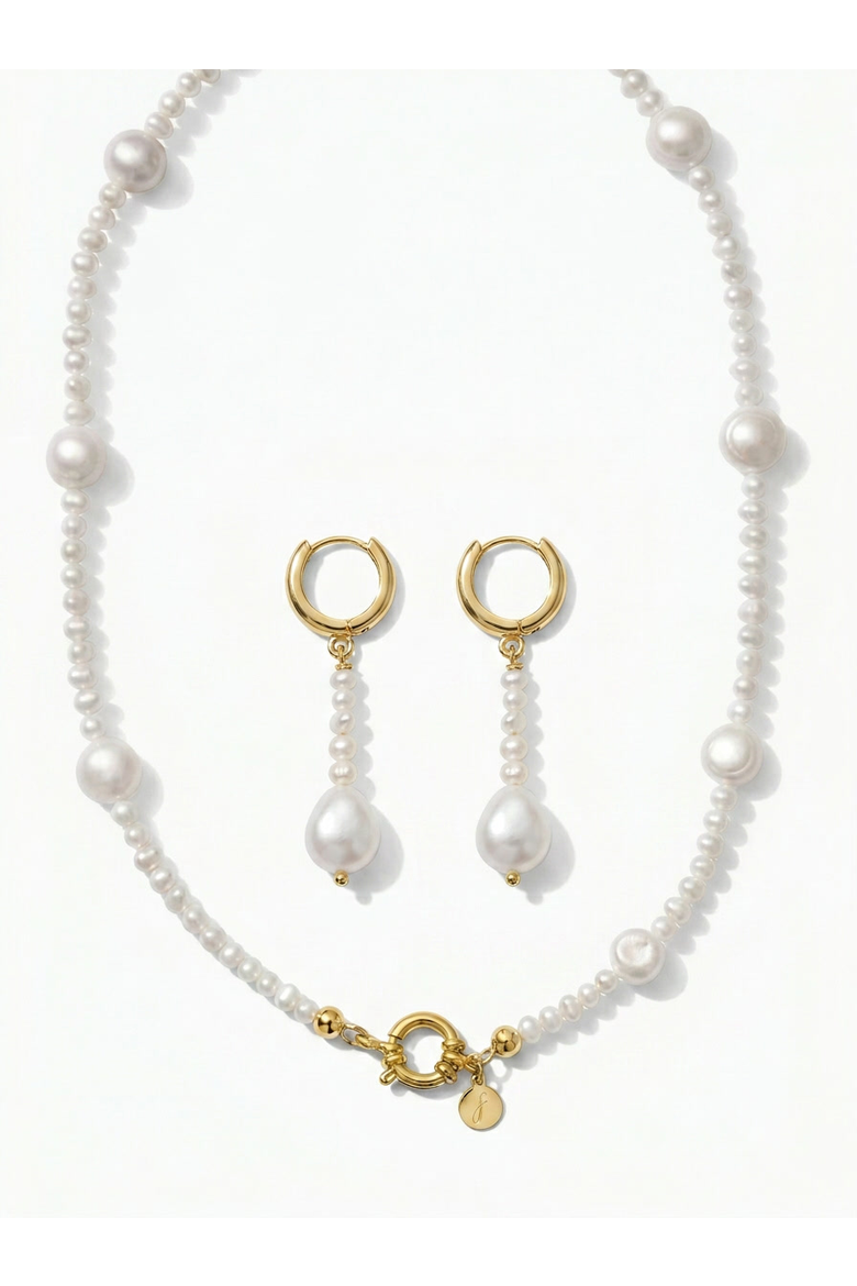 AAA Freshwater Pearl Strand Necklace & Pearl Drop Hoop Earring Set, Main, color, Metallic Gold