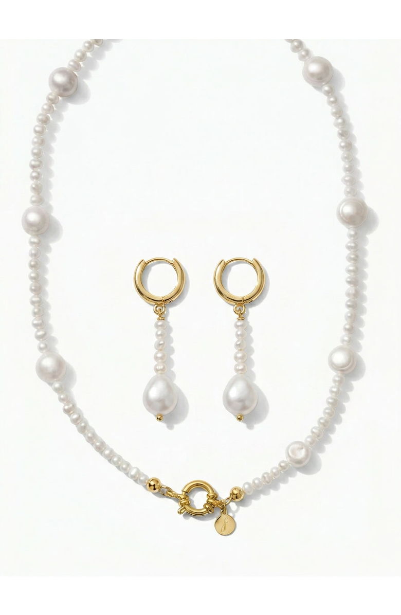 Joey Baby AAA Freshwater Pearl Strand Necklace & Pearl Drop Hoop Earring Set, Main, color, Metallic Gold