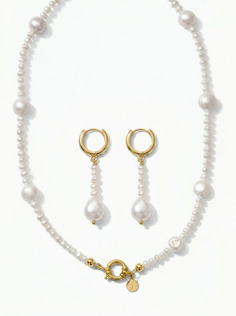 AAA Freshwater Pearl Strand Necklace & Pearl Drop Hoop Earring Set