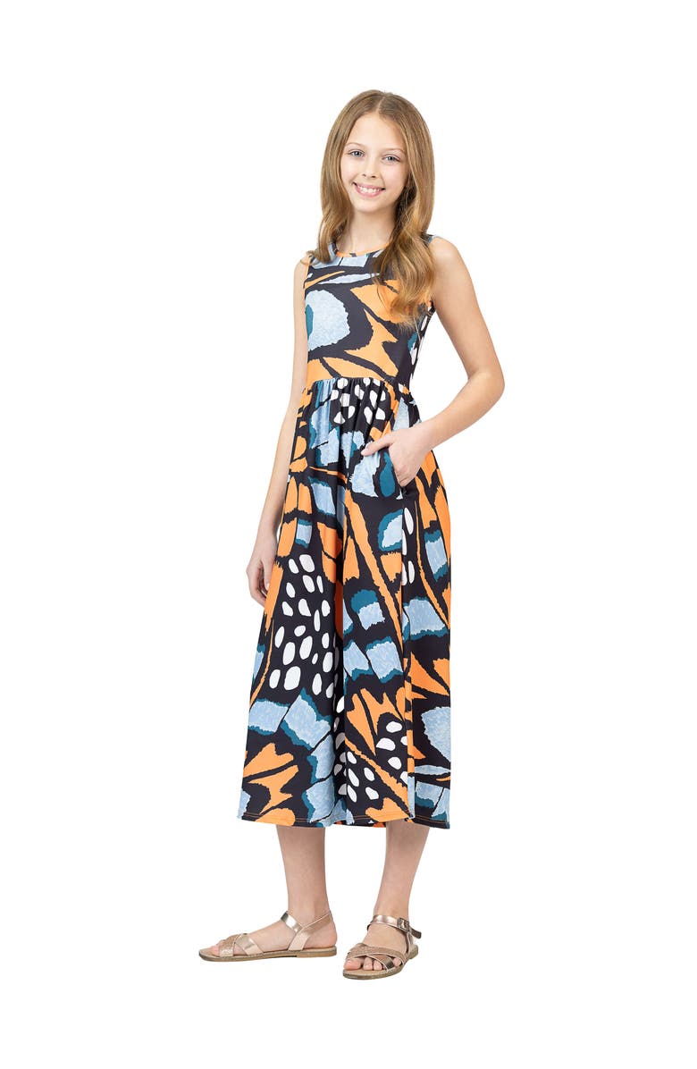 24sevenKid Orange Butterfly Print Sleeveless Pocket Maxi Dress, Alternate, color, Blue Multi