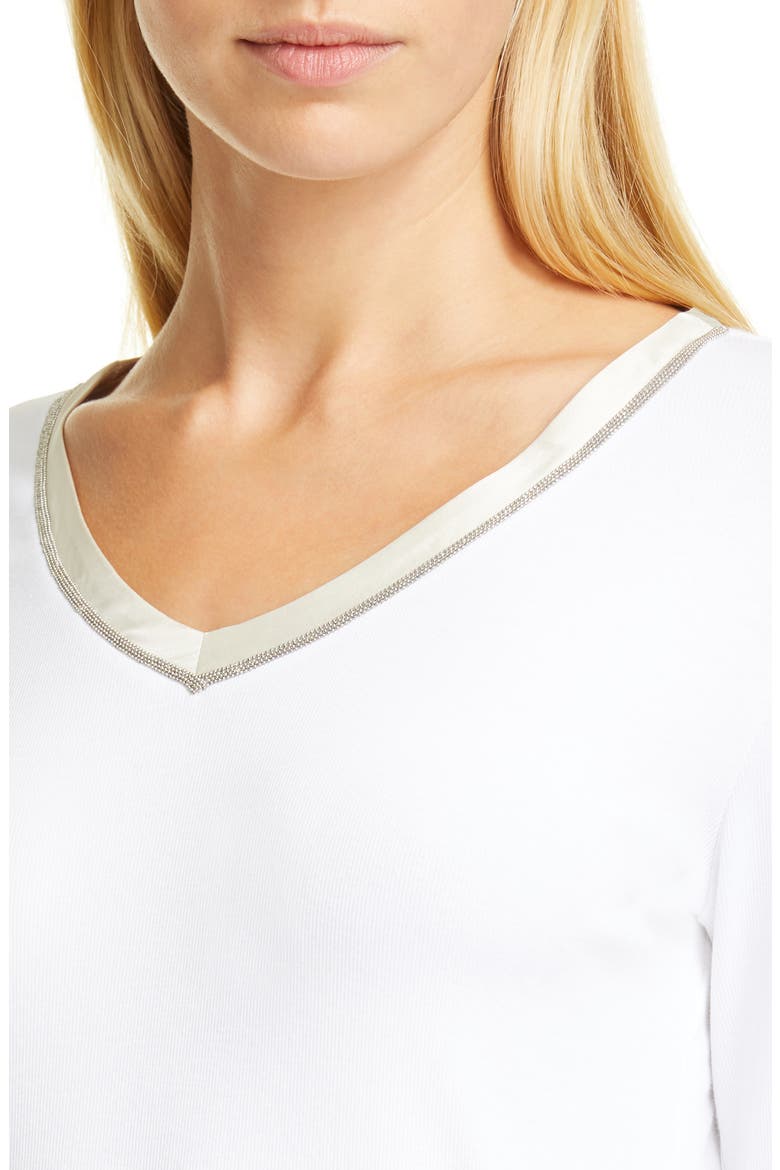 Bead Trim V-Neck Cotton Blend Tee, Alternate, color, WHITE