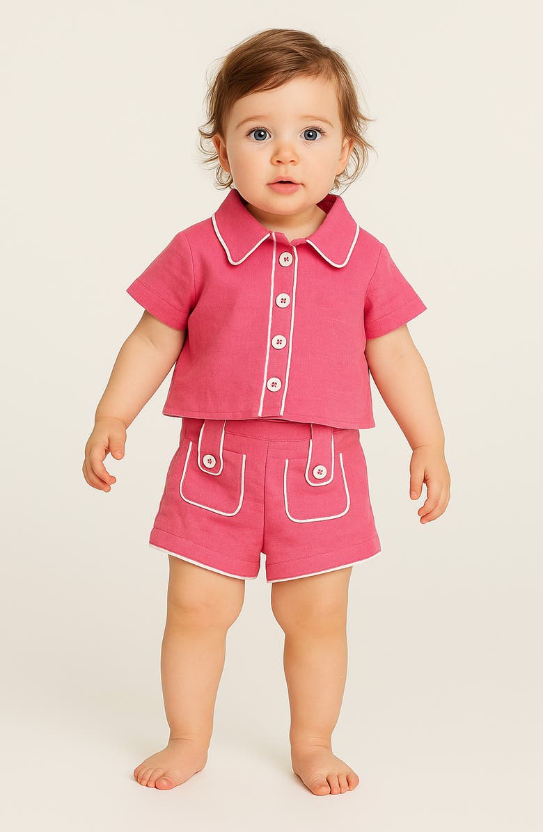 Habitual Kids Contrast Piping Cotton Button-Up Shirt & Shorts Set, Alternate, color, Pink