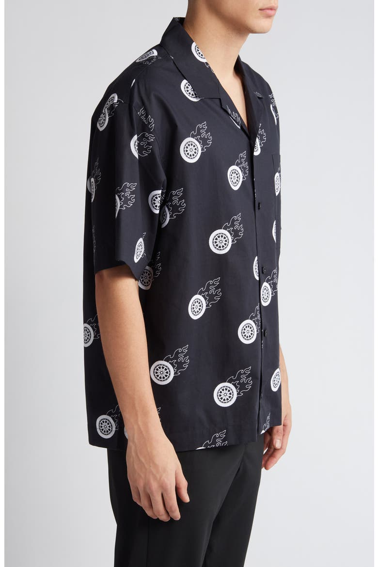 Egeeno Flaming Tire Print Camp Shirt, Alternate, color, BLACK