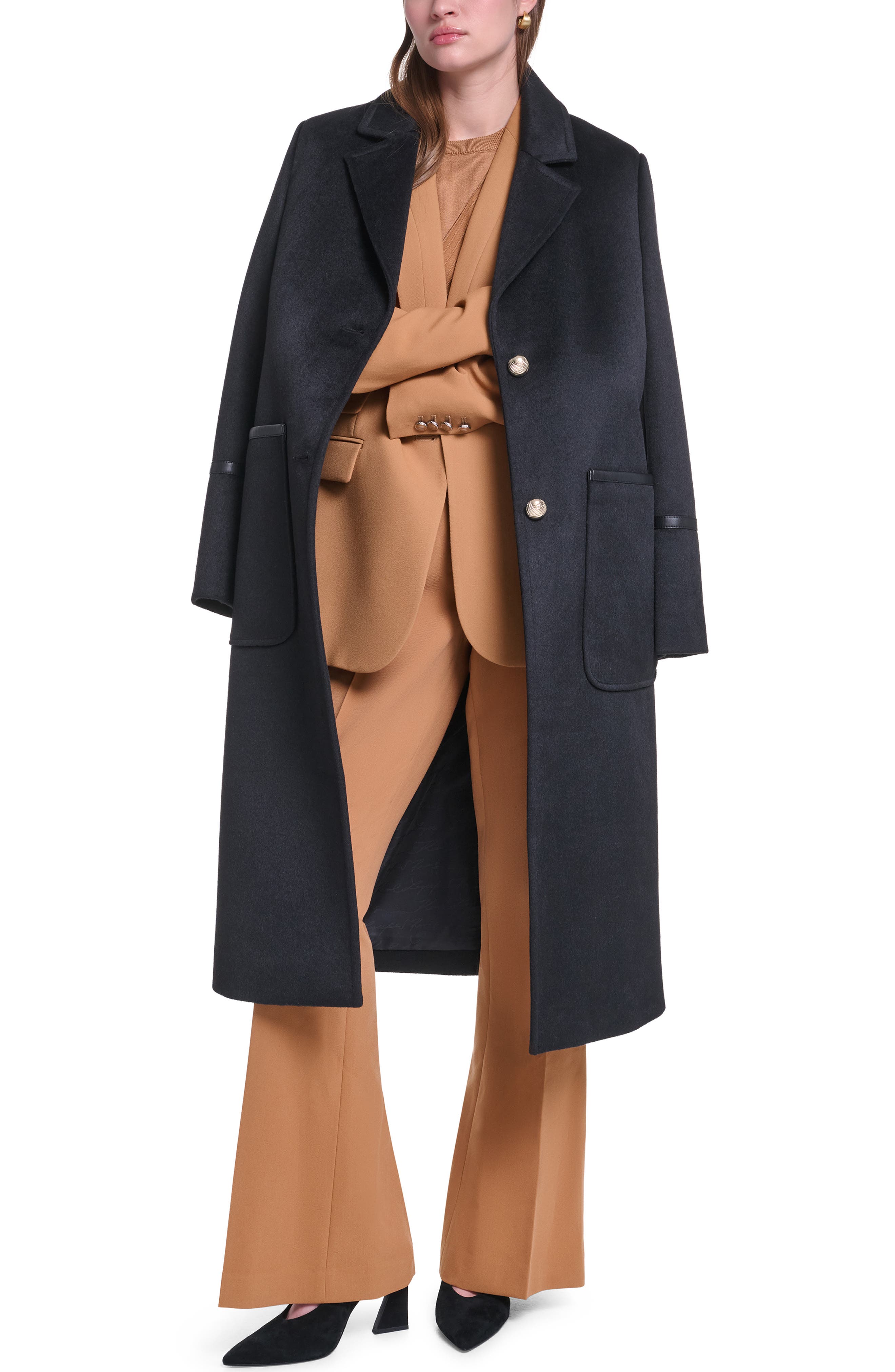 KARL LAGERFELD PARIS Single Breasted Coat with Faux Leather Trim
