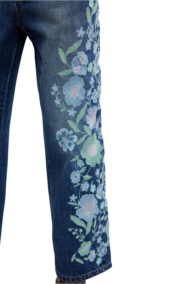 Free People Deep Trance Floral Embroidered Nonstretch Wide Leg Jeans, Alternate, color, Forget Me Not