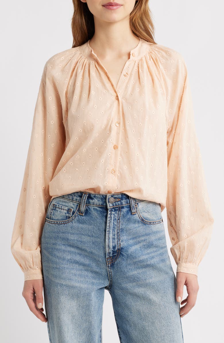DÔEN Juilenne Diamond Embroidered Organic Cotton Voile Shirt, Main, color, Peach Sorbet Marseille