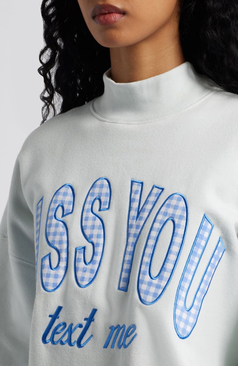 HAPPY CAMP3R Miss You Appliqué Mock Neck Graphic Sweatshirt, Alternate, color, Ice Blue