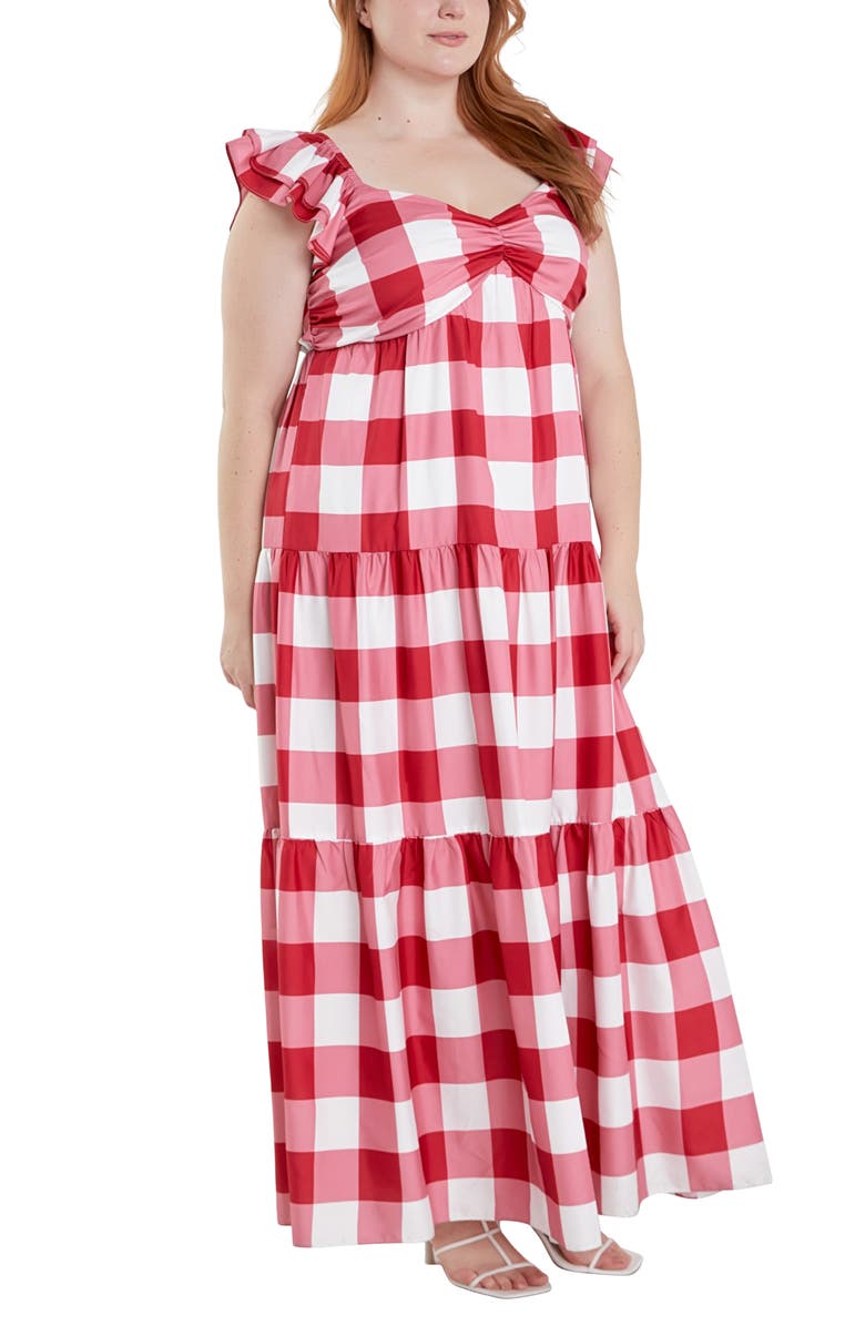 English Factory Gingham Tiered Maxi Dress, Alternate, color, Red/ White