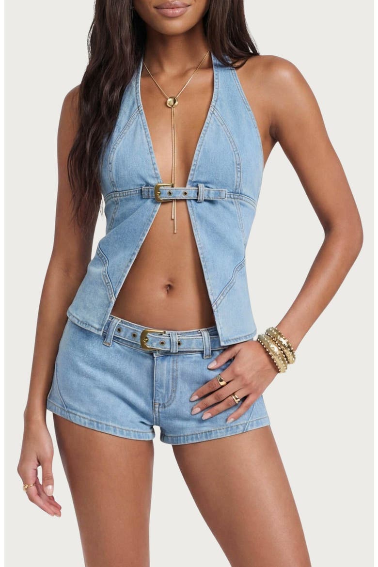 Ciel Split Front Denim Halter Top, Main, color, LIGHT-BLUE-WASHED