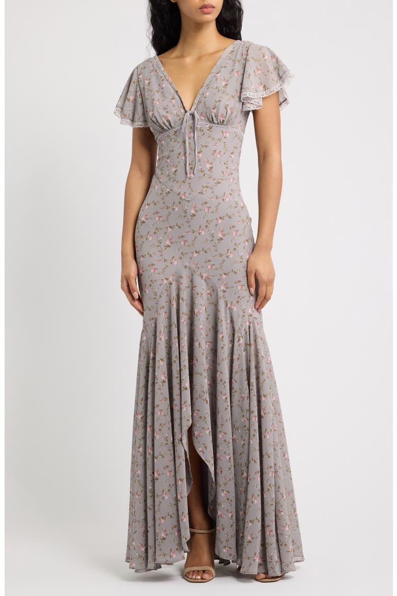 Amina Floral Flutter Sleeve High-Low Gown, Main, color, LILAC VINTAGE FLORAL PRINT