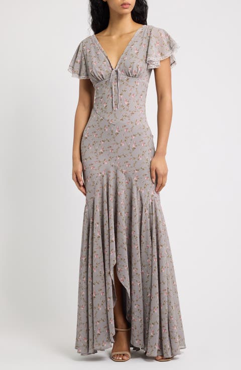 Amina Floral Flutter Sleeve High-Low Gown