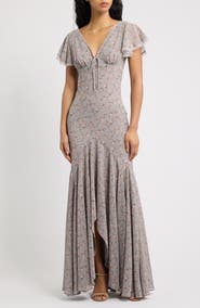 HOUSE OF CB Amina Floral Flutter Sleeve High-Low Gown