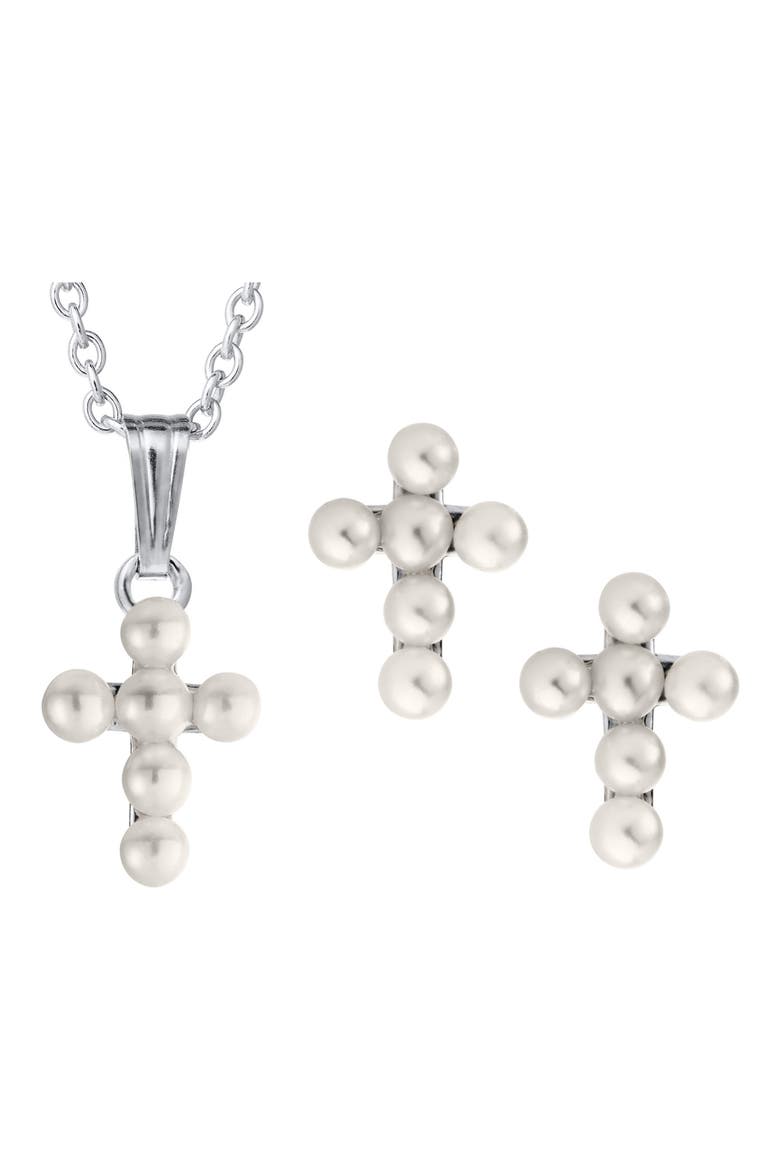 Cultured Pearl Cross Pendant Necklace & Earrings Set, Main, color, SILVER