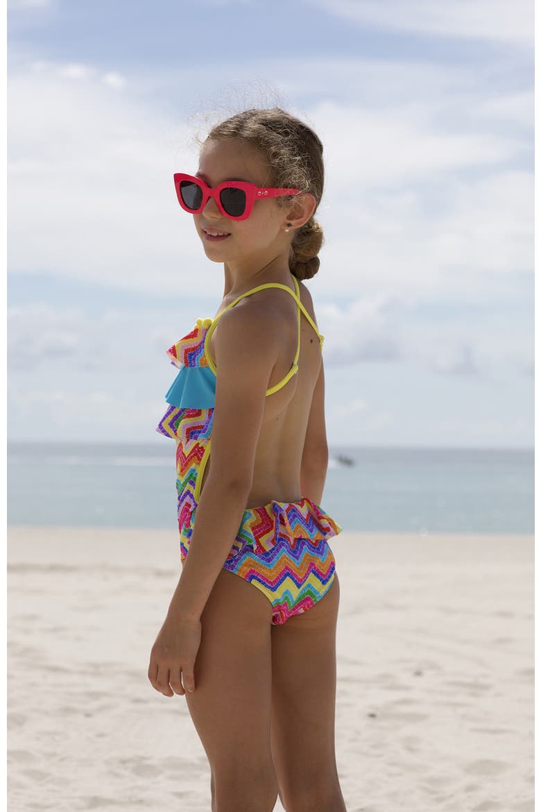 Rainbow Zig-Zag Triple Ruffles and Pom-Pom Trim One-Piece Swimsuit, Alternate, color, Multicolor