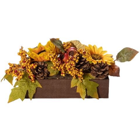 Sunflowers and Maple Leaves Artificial Fall Harvest Flower Arrangement - 10"
