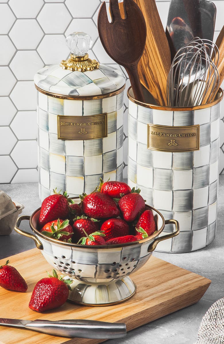 MACKENZIE CHILDS Sterling Check Enameled Steel Canister, Alternate, color, Grey/ White