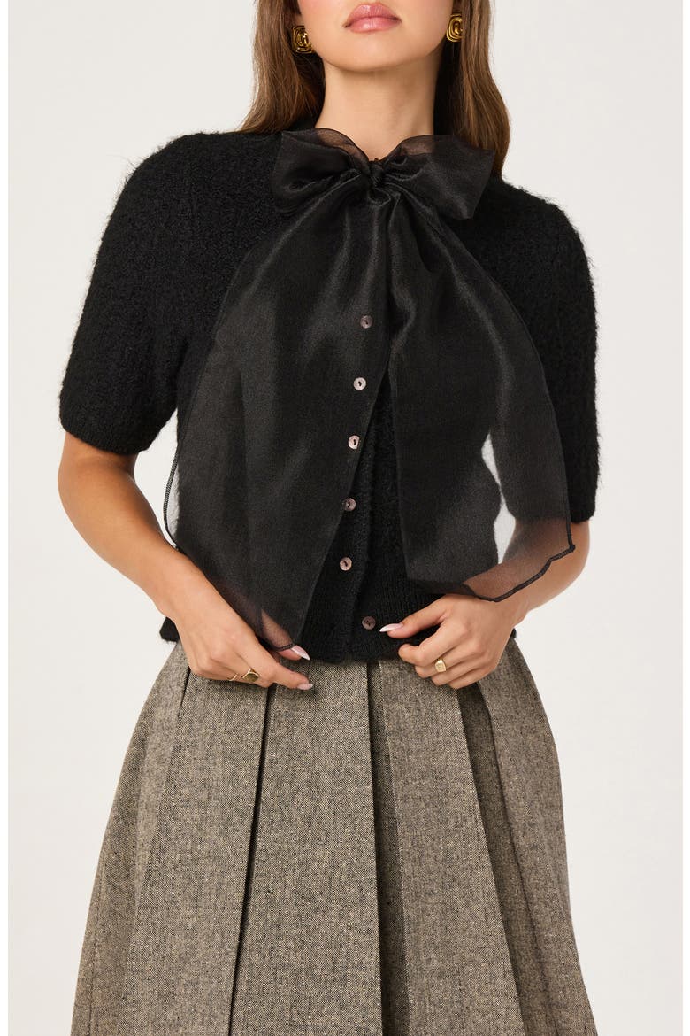Organza Bow Mixed Media Sweater, Main, color, BLACK
