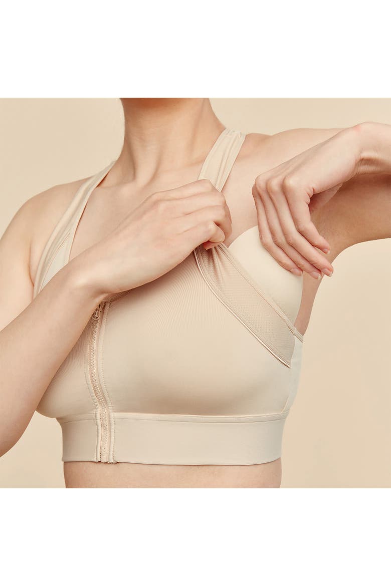 Hero Front Closure Sports Bra Mastectomy Friendly, Alternate, color, Buff
