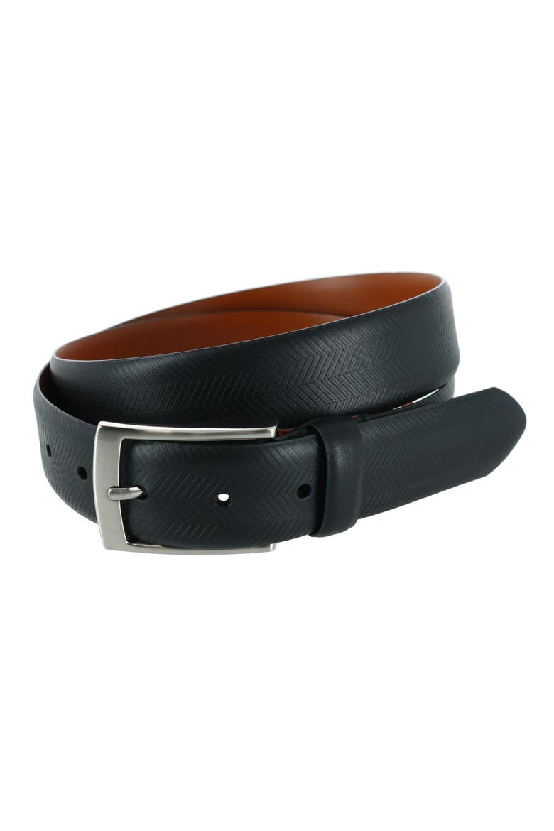 Gregorio 35mm Herringbone Embossed Feather Edged Leather Belt, Main, color, Black