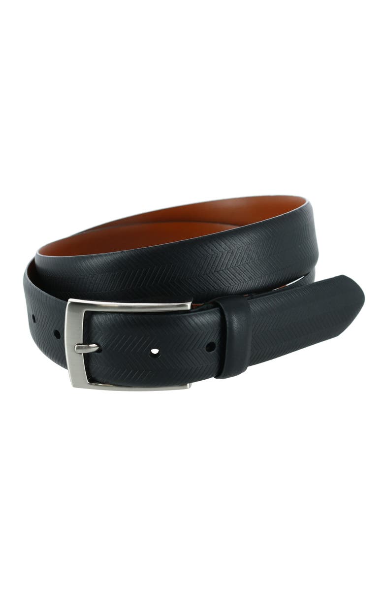 Trafalgar Gregorio 35mm Herringbone Embossed Feather Edged Leather Belt, Main, color, Black