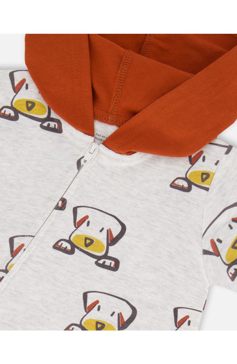 Deux par Deux Baby Boy's Organic Cotton Hooded Romper Heather Beige With Printed Dog, Alternate, color, 