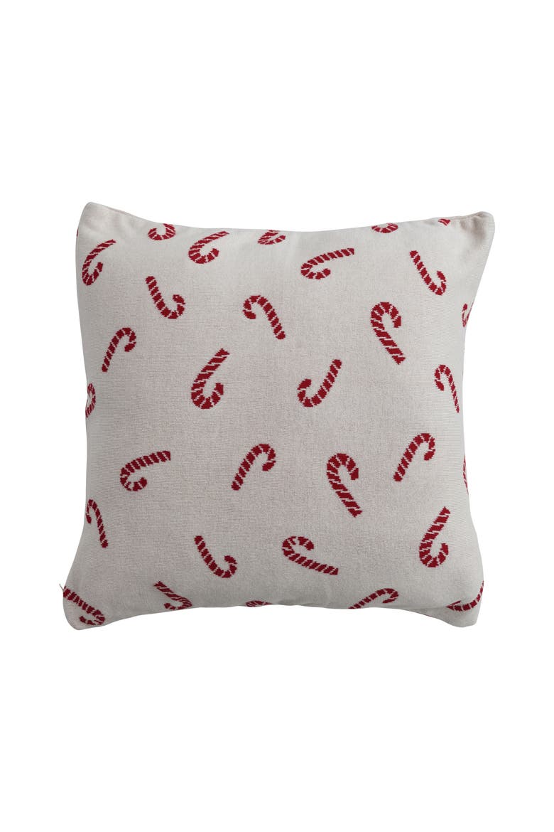 Whimsical Cotton Knit Pillow with Candy Cane Pattern, Natural and Red, Main, color, Red