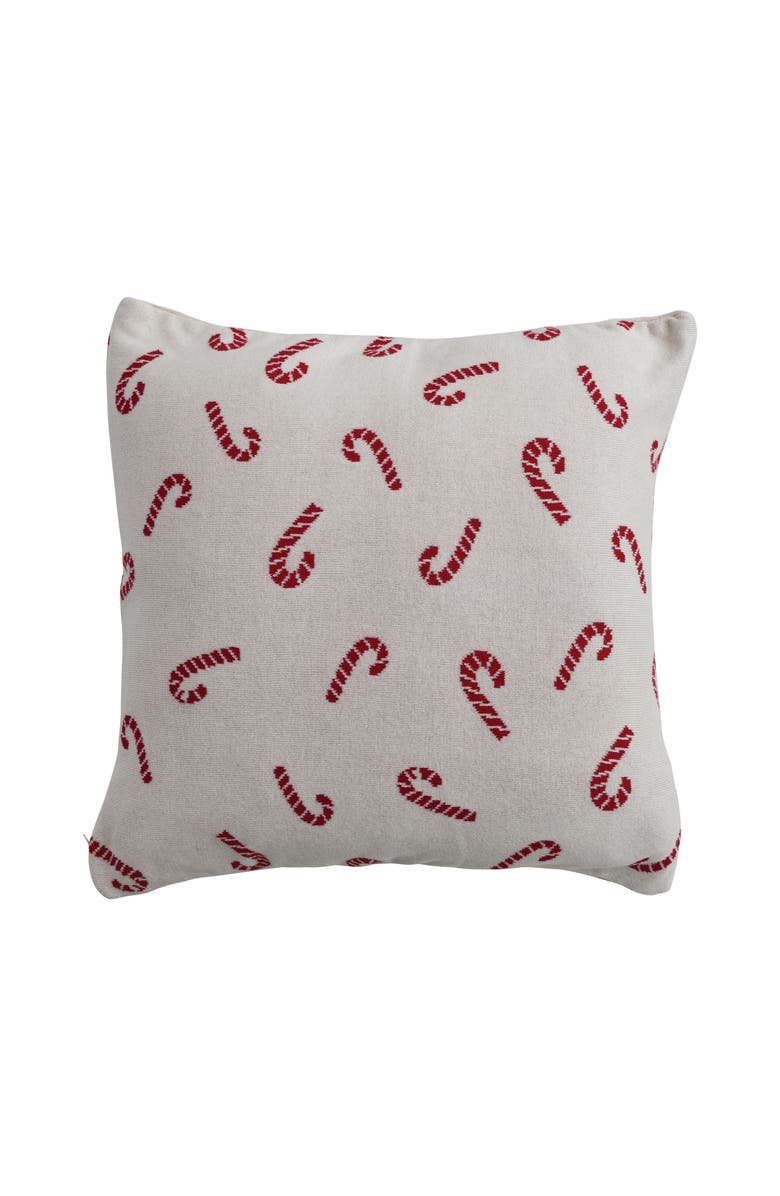 Storied Home Whimsical Cotton Knit Pillow with Candy Cane Pattern, Natural and Red, Main, color, 