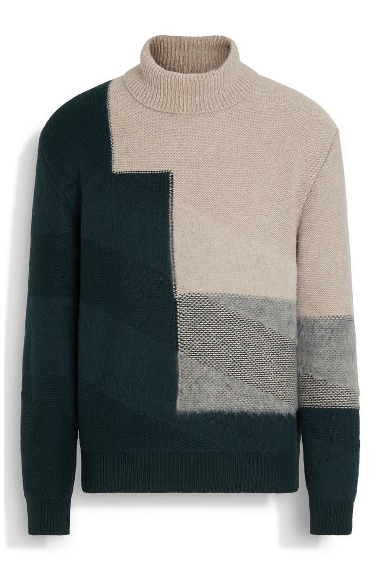 Cashmere & Mohair Turtleneck Sweater, Alternate, color, LIGHT TAUPE/ DARK GREEN