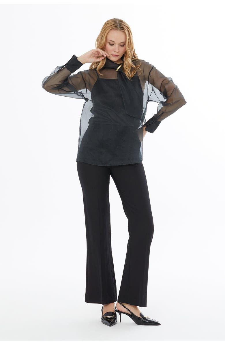 Gizia High Neck Sheer Blouse with Back Center Button Closure, Alternate, color, Black