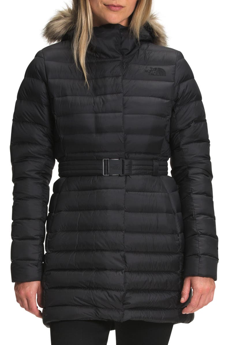 The North Face Transverse Water Repellent 550 Fill Power Down Belted Parka with Faux Fur Trim, Main, color, 