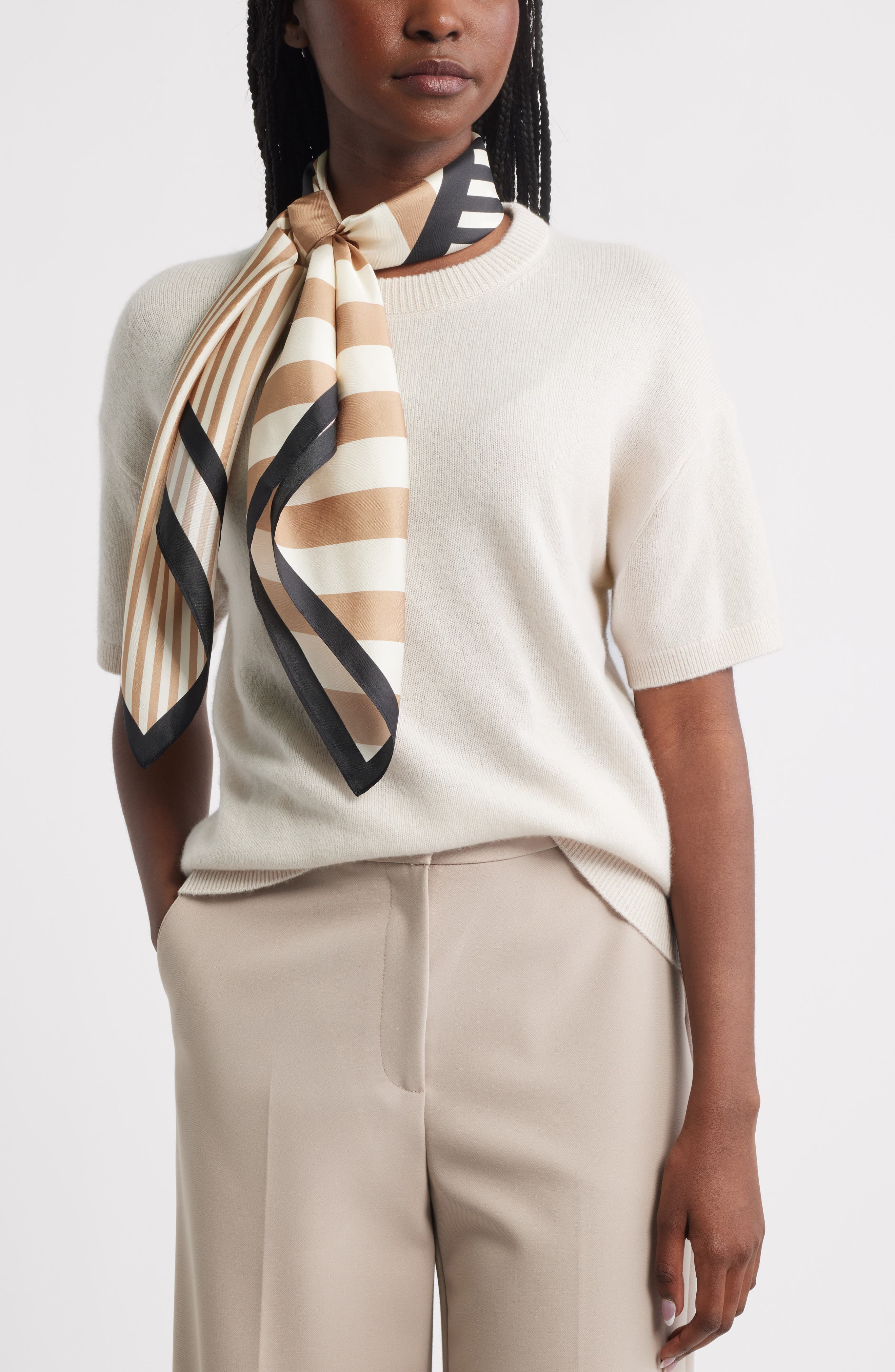LEEZ Noir Striped Square Silk Scarf