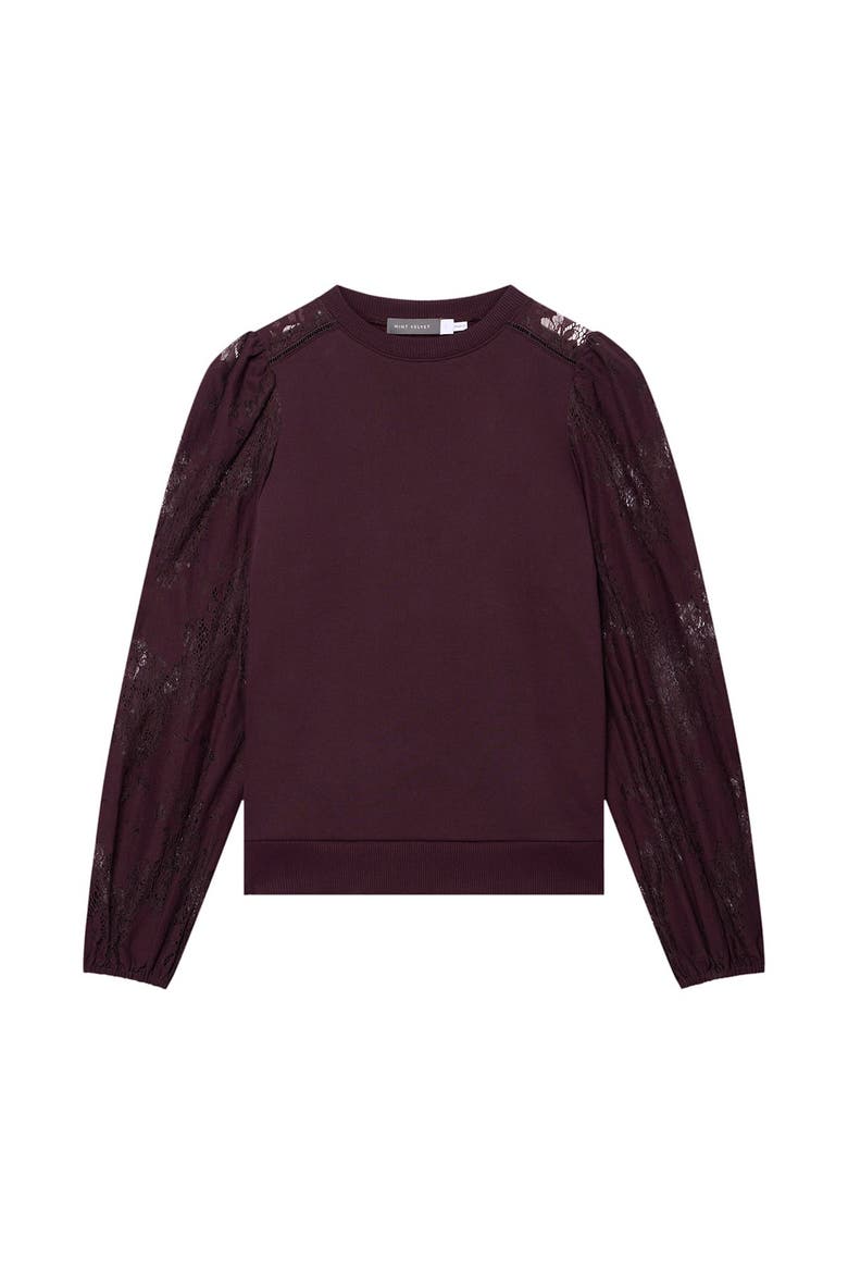 Cotton Blend Lace Sleeve Sweatshirt, Alternate, color, Burgundy