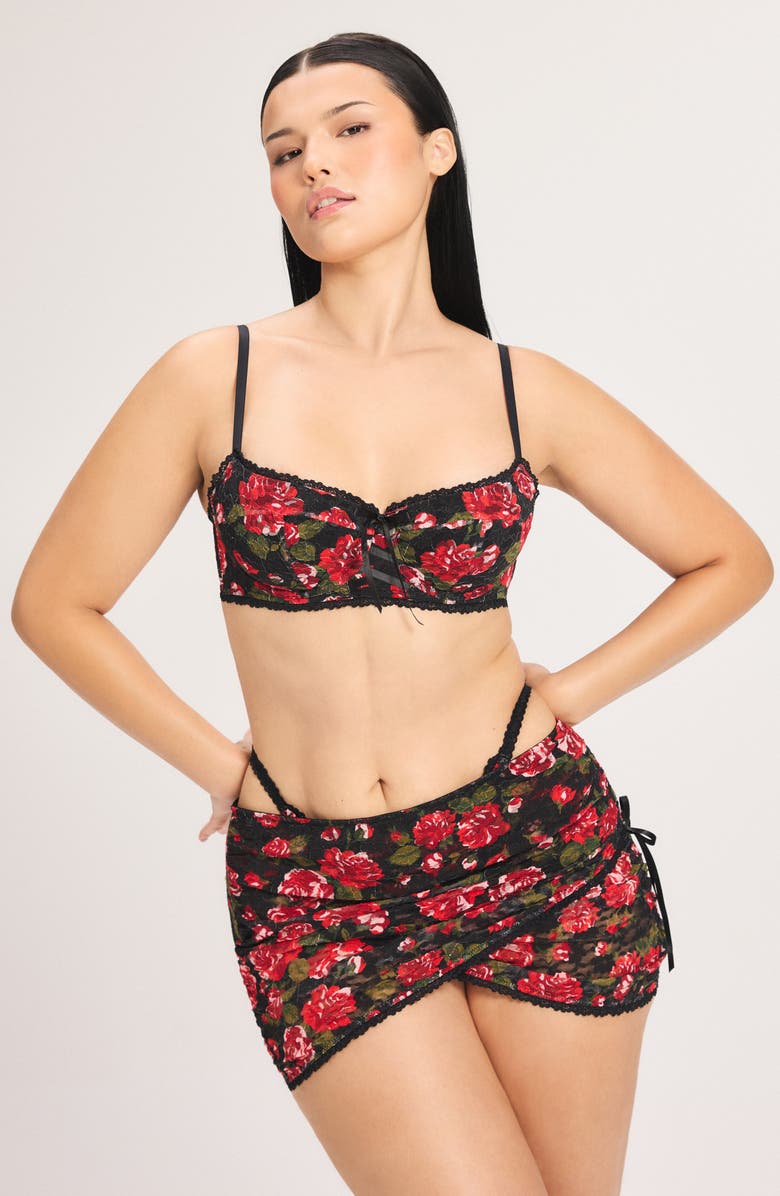 SAVAGE X FENTY Sinful Rose Lace Miniskirt, Alternate, color, Black Caviar Rosy Passions