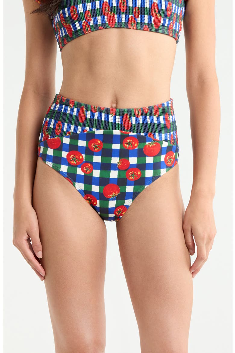 Smocked High Waist Bikini Bottoms, Main, color, GINGHAM TOMATOES BLUE/ GREEN