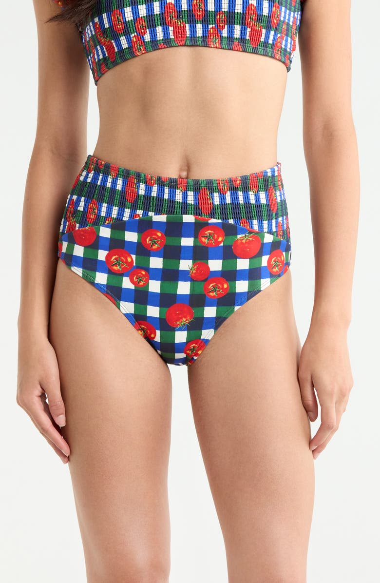 Hutch Smocked High Waist Bikini Bottoms, Main, color, Gingham Tomatoes Blue/ Green