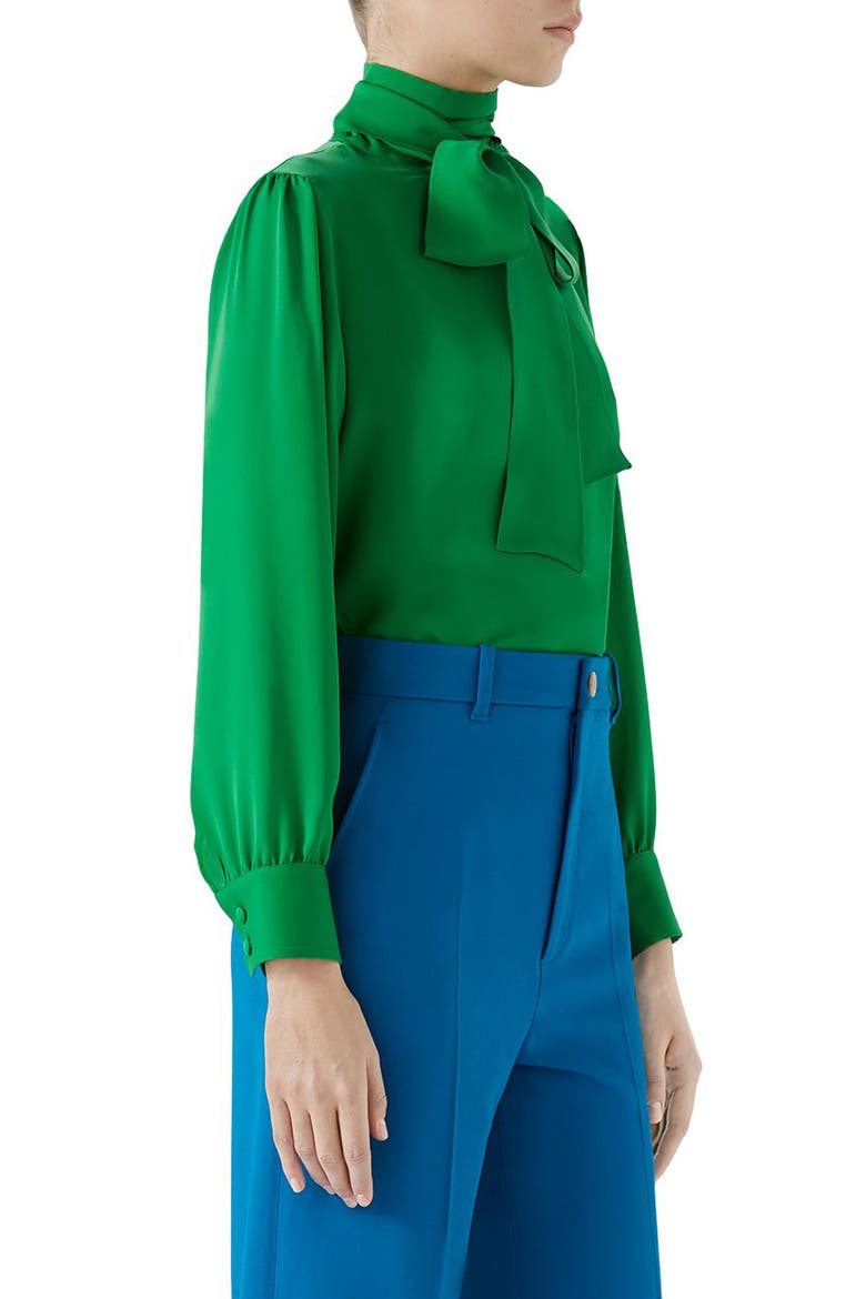 Silk Tie Neck Blouse, Alternate, color, TROPICAL GREEN