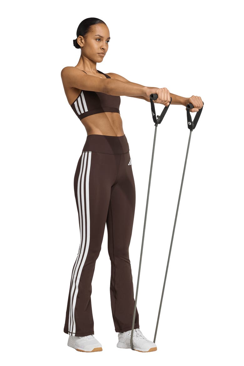 Optime Essentials 3-Stripes High Waist Flare Leggings, Alternate, color, AURORA COFFEE/ WHITE