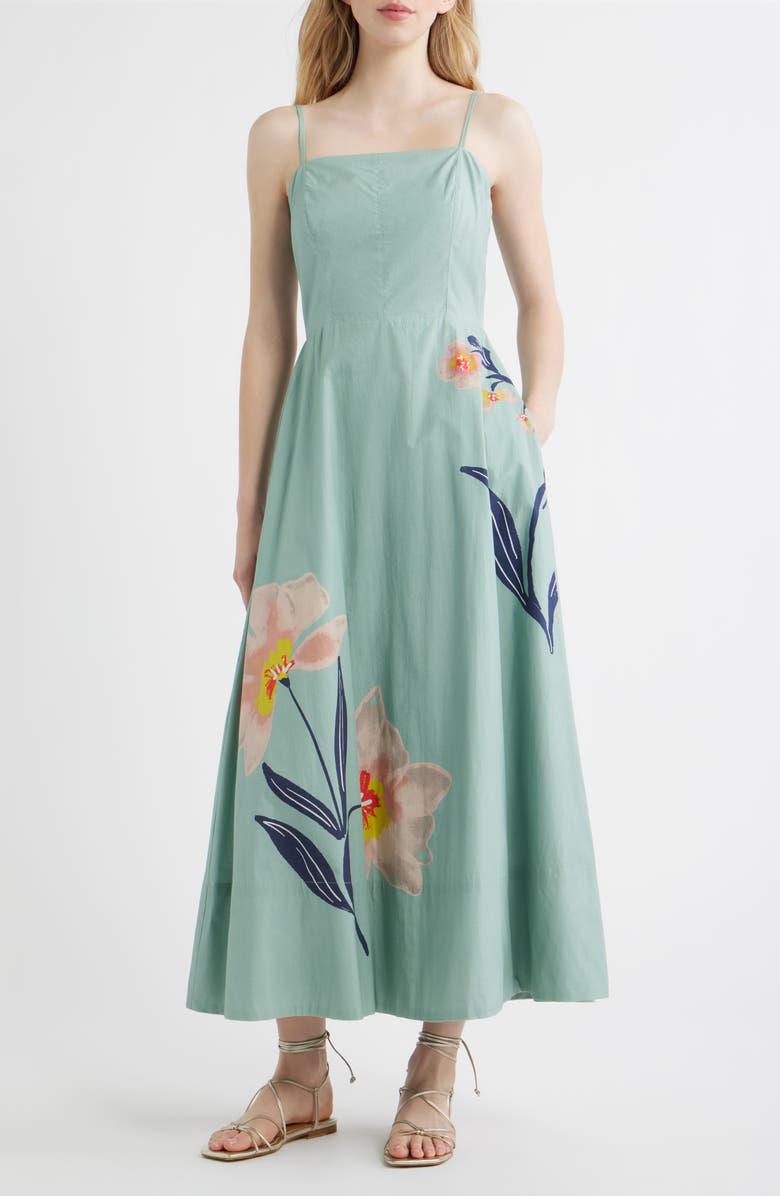 Cleobella Riley Placed Floral Organic Cotton Poplin Maxi Dress, Main, color, Moresco Blue Surf