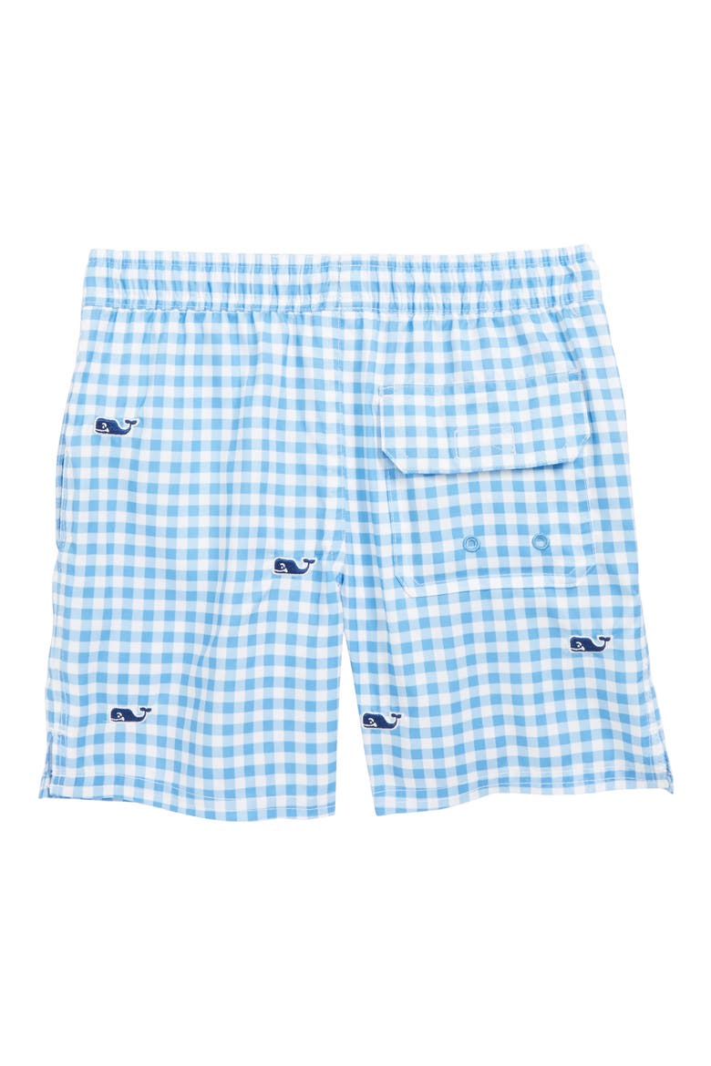 Gingham Whale Embroidered Chappy Swim Trunks, Alternate, color, CORNFLOWER