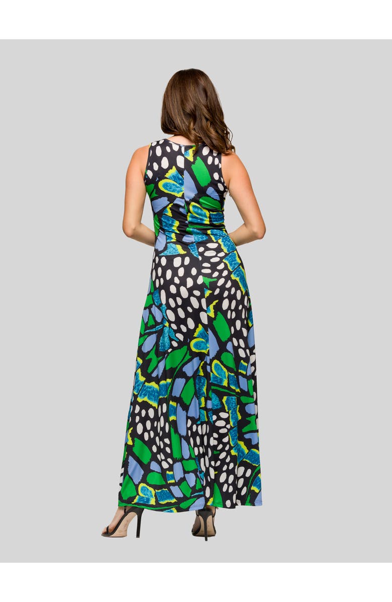 24seven Comfort Apparel Blue Butterfly Print Scoop Neck A-Line Sleeveless Maxi Dress, Alternate, color, Green Multi