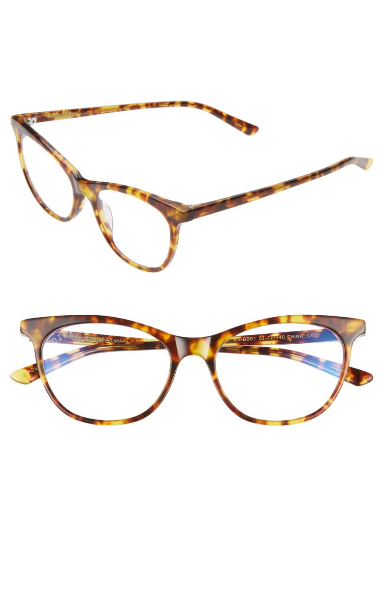 DIFF Jade 51mm Blue Light Blocking Cat Eye Glasses, Main, color, Amber Tortoise/ Clear