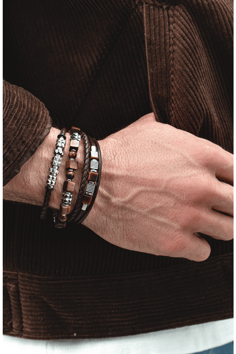 Brown Leather Bracelet With Stainless Steel Spikes Cubes, Alternate, color, Silver