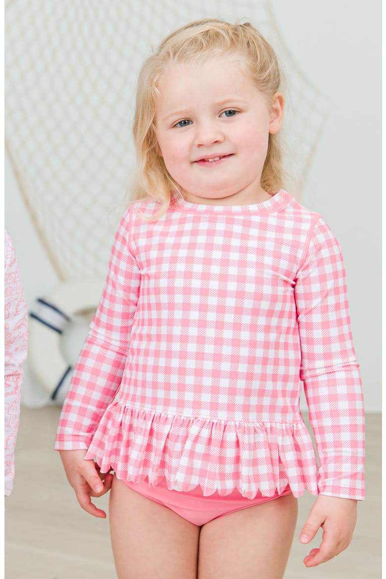 Gingham Scallop Hem Long Sleeve Two-Piece Rashguard Swimsuit, Alternate, color, PINK