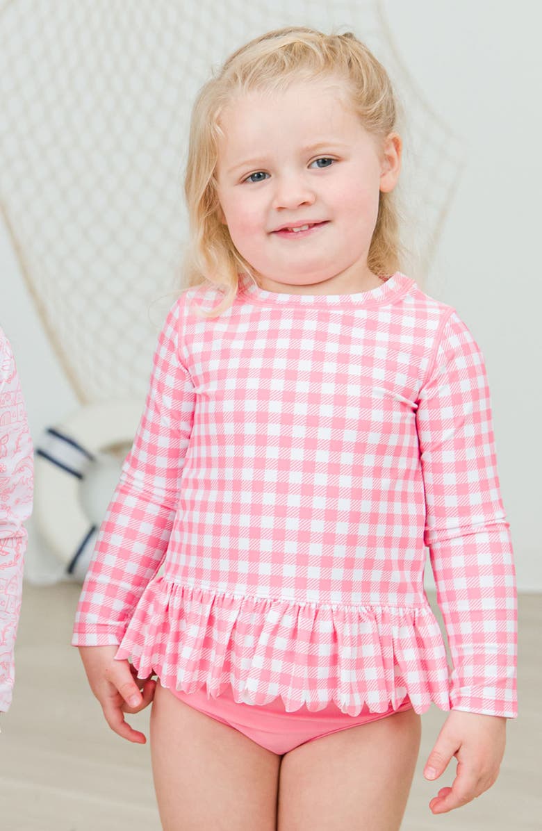 RuffleButts Gingham Scallop Hem Long Sleeve Two-Piece Rashguard Swimsuit, Alternate, color, Pink