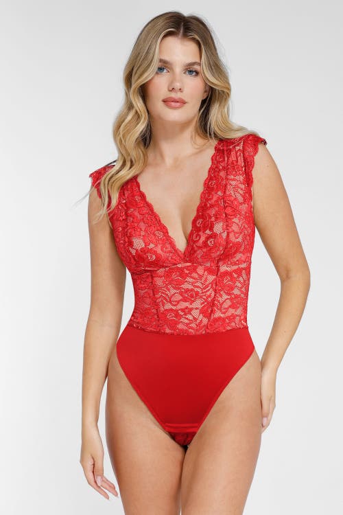 Popilush Shapewear Sculpting Lace Bodysuit Or Midi Skirt Or Shrug In Cherry Red