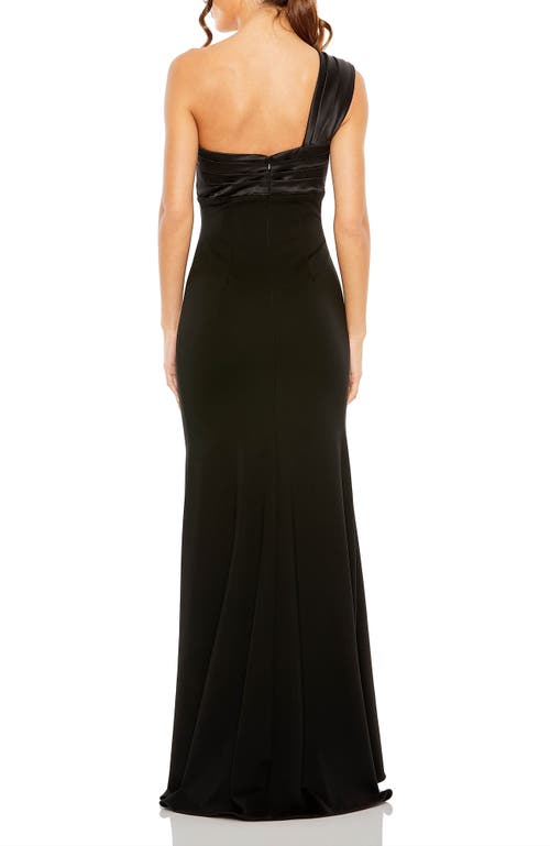 Mac Duggal Half-bow Bodice Trumpet Satin Gown In Black In Black
