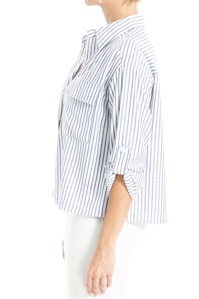Grid Print Roll Sleeve Popover Shirt, Alternate, color, OFF WHITE/ INDIGO STRIPE