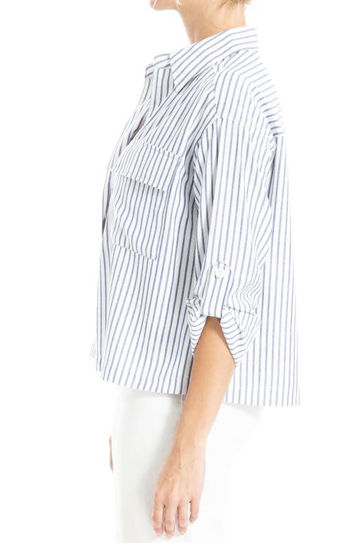 Max Studio Grid Print Roll Sleeve Popover Shirt In White